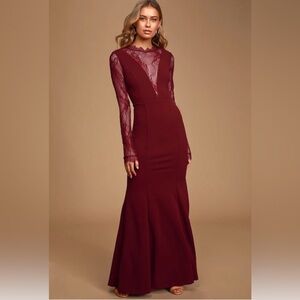 NEW! Lulus Lovely Every After Lace Burgundy Long Sleeve Mermaid Maxi Dress SZ S